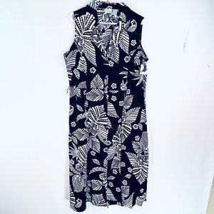 Jackelyn Smith Womens Sleeveless Collared Linen Black White Floral Dress SZ XL
